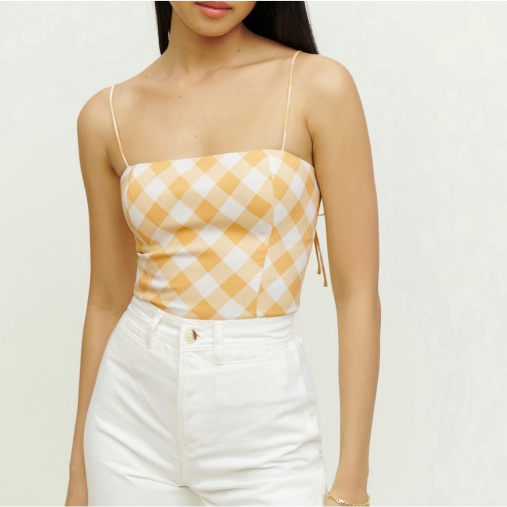 Reformation Yellow and White Gingham Spaghetti Strap Top